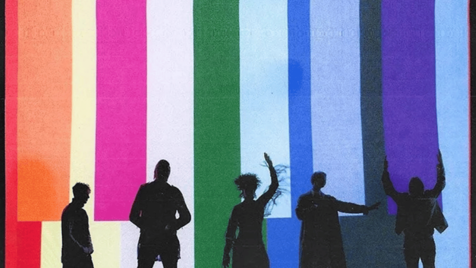 Arcade Fire and Me -- silhouettes against rainbow stripes, adapted from the WE Tour 2022 poster